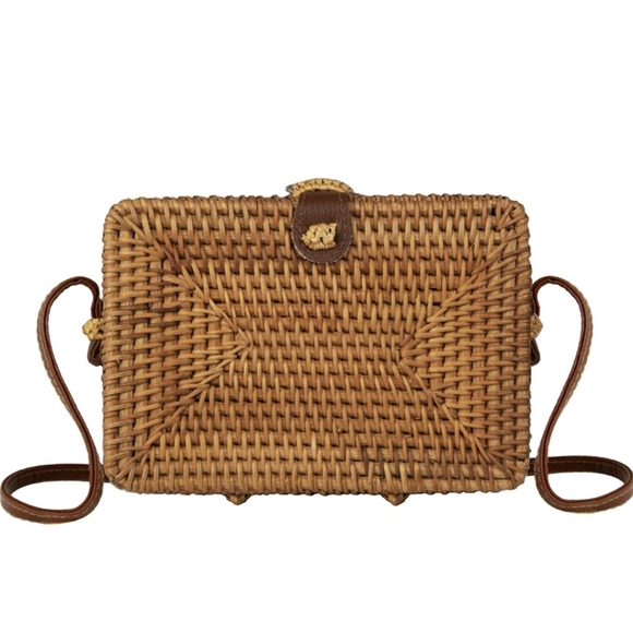 Handbags - Rectangular Straw Rattan Crossbody Bag Woven Wicker Boho Basket